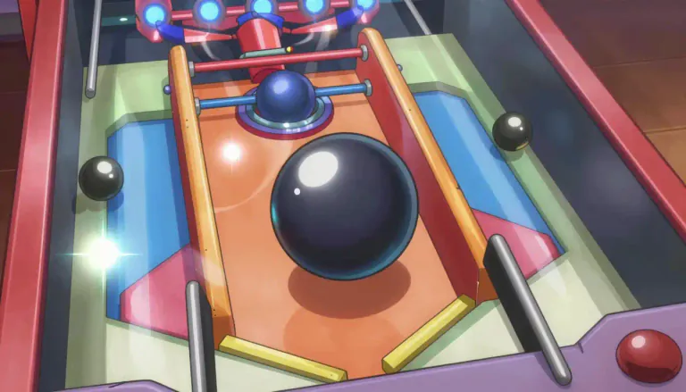 Visual representation of "pinball" - A game played on a machine in which the player uses buttons to control paddles that hit a small metal ball around the playing field inside the machine.