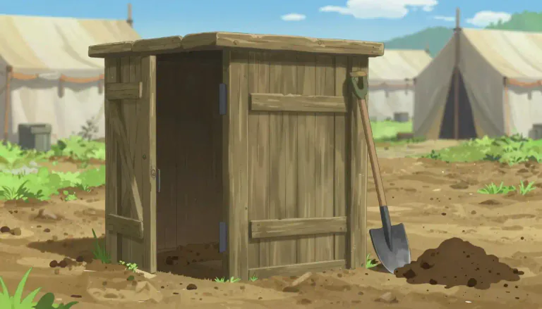 Visual representation of "latrine" - A simple toilet, often a hole in the ground used in a camp or military base.
