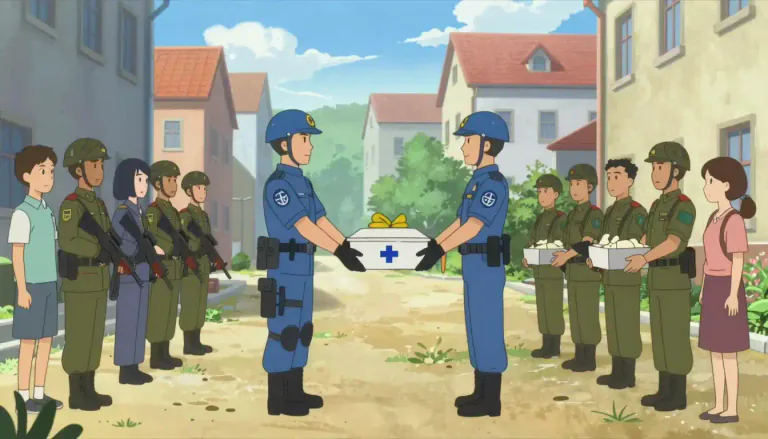 Visual representation of "peacekeeping" - The act of preventing conflict and maintaining peace between nations or groups, often involving an international military force.