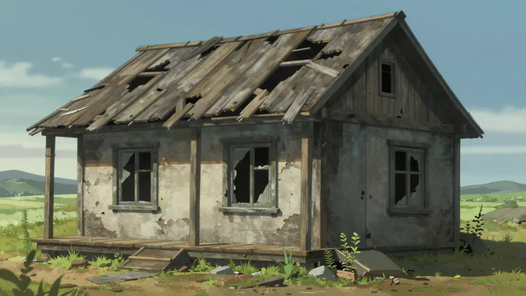 Visual representation of "tumbledown" - Falling apart or in bad condition because of being old or not properly cared for.