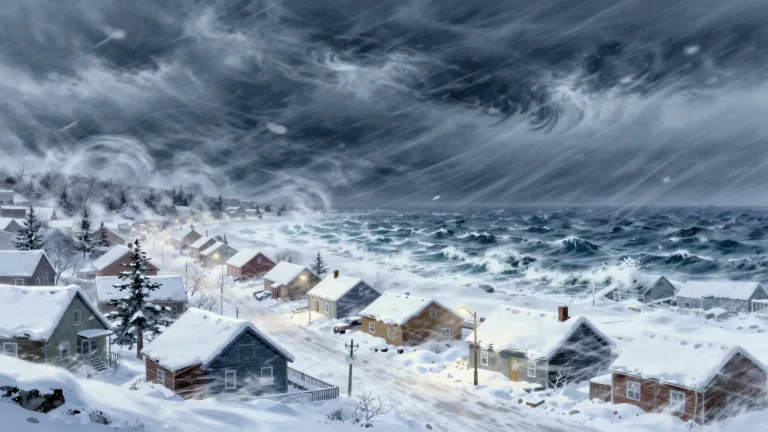 Visual representation of "noreaster" - A noreaster is a powerful storm that occurs in the northeastern United States, bringing strong winds and heavy snowfall, especially in winter.