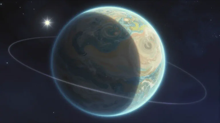 Visual representation of "planet" - A round object in space that moves around a star.