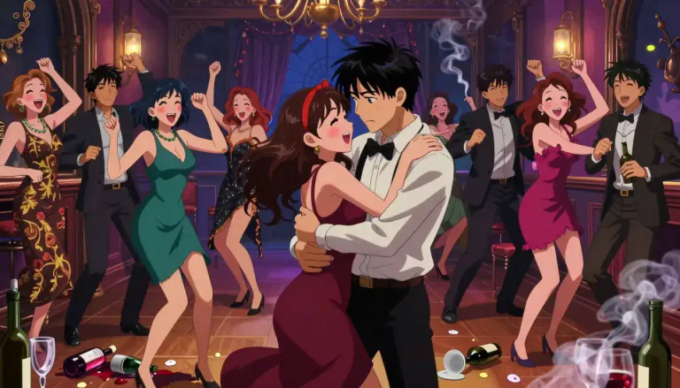 Visual representation of "debauchery" - Excessive indulgence in sensual pleasures; wild behavior, especially involving alcohol, drugs, or sexual activities.