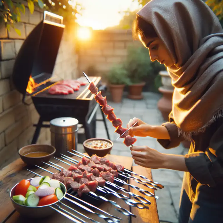 Visual representation of "skewer" - To fasten something, especially meat, on a skewer