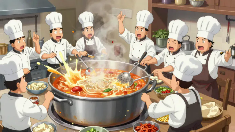 Visual representation of "too many cooks spoil the broth" - When too many people are involved in a task or project, they may spoil it by making things overly complicated.