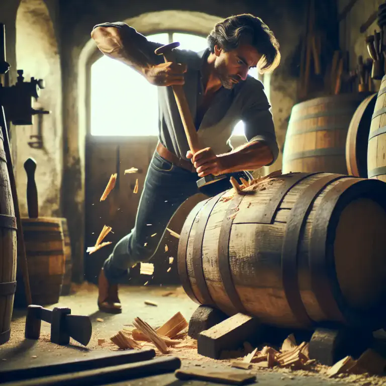Visual representation of "stave" - To break a hole in, especially a cask or barrel.