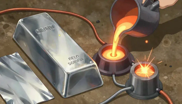 Visual representation of "metal" - A strong material that can be solid or liquid, conducts heat and electricity, and does not absorb light