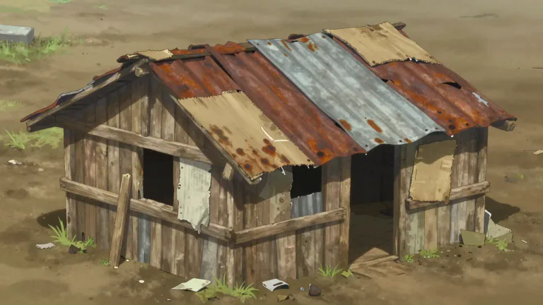 Visual representation of "shanty" - A small, poorly built house, often one made of cheap or recycled materials.