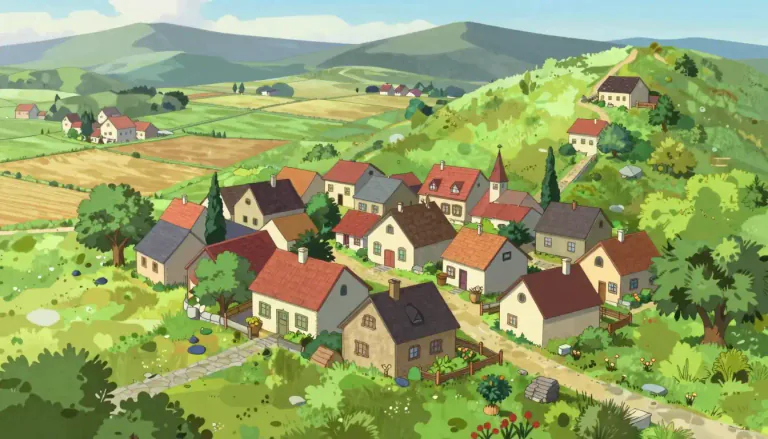 Visual representation of "village" - A small group of houses, usually in a country area