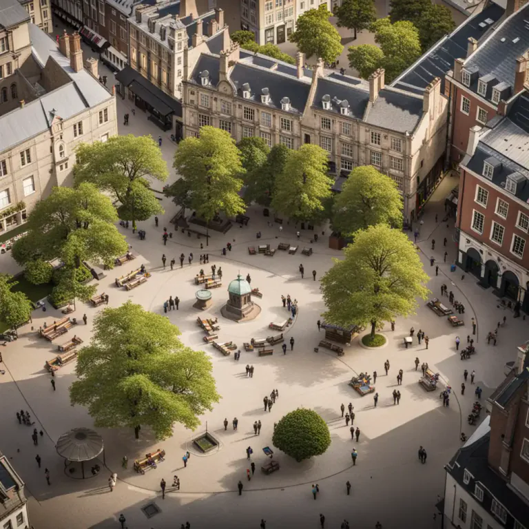 Visual representation of "square" - An open area in a town, with buildings around it.