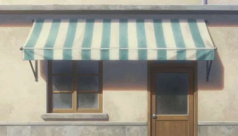 Visual representation of "awning" - A cover made of cloth or other material that is attached to a wall of a building and spread out to provide shade, usually over a window or door.