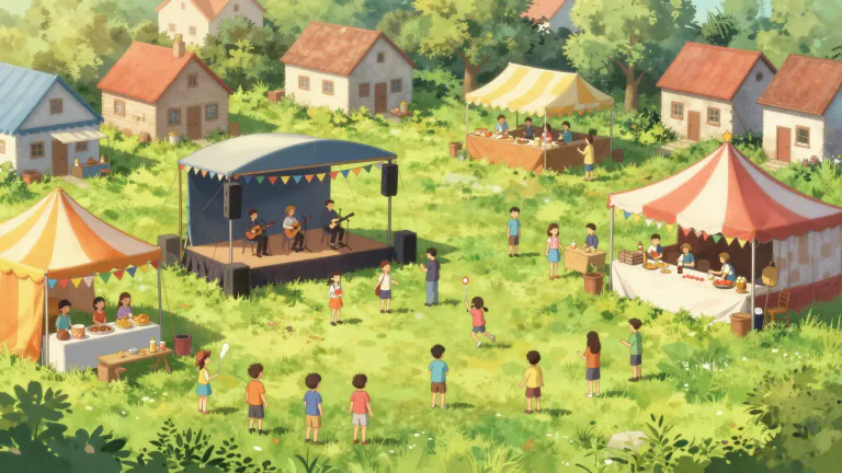 Visual representation of "fete" - A big celebration or festival with music, food, games, etc.