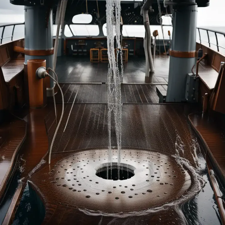Visual representation of "scupper" - A hole in a boat or a ship that lets water flow over the side.