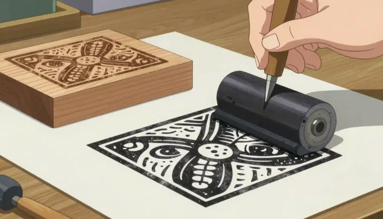Visual representation of "woodcut" - A print created by carving a design into a block of wood, inking it, and pressing it onto paper or cloth.