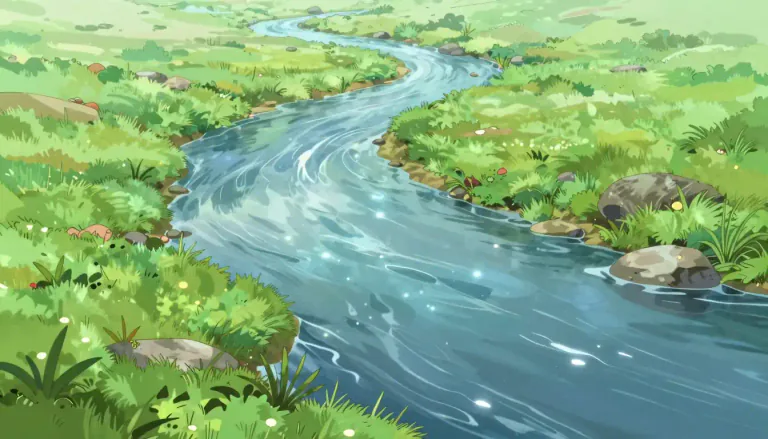 Visual representation of "river" - A large, flowing body of water that follows a set path through the land