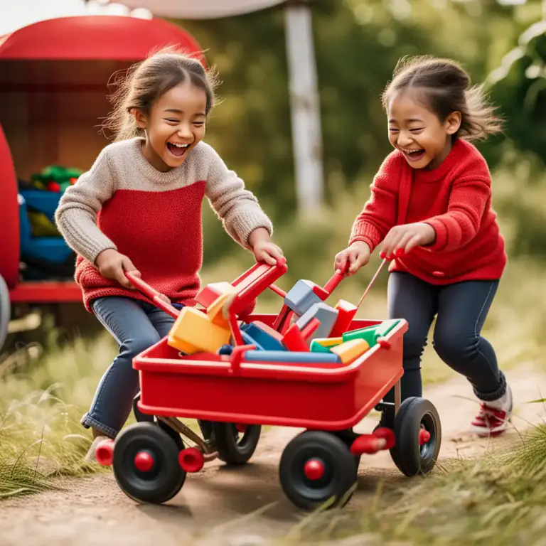 Visual representation of "wagon" - A child's small cart or vehicle that they can pull or ride in.
