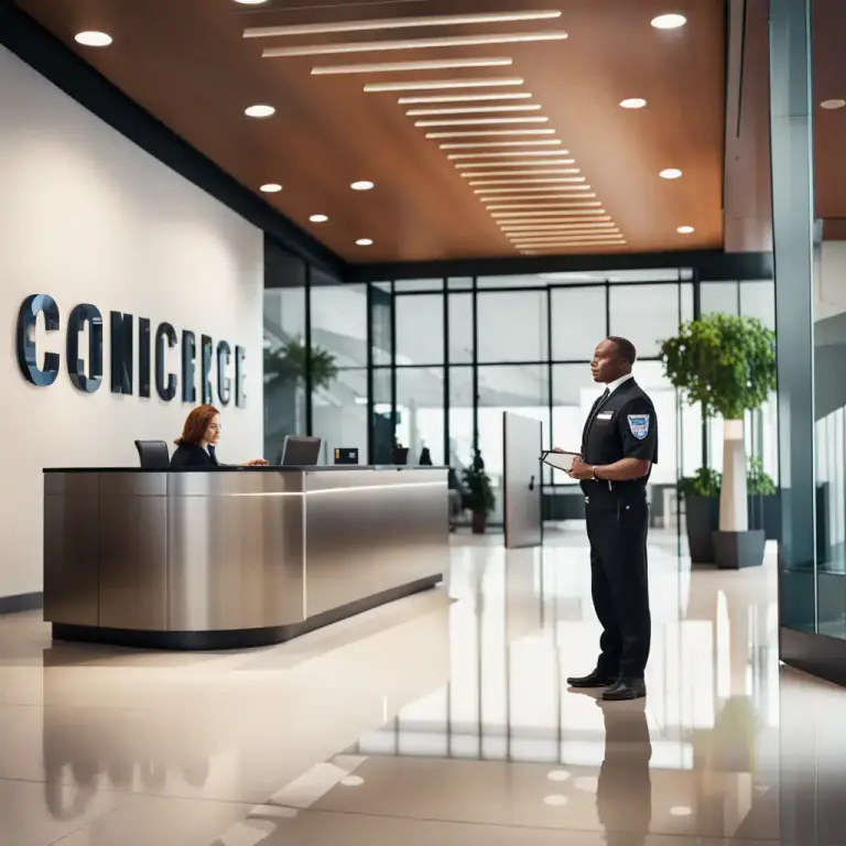 Visual representation of "concierge" - An employee in a building like an apartment or office who maintains it and provides security services.