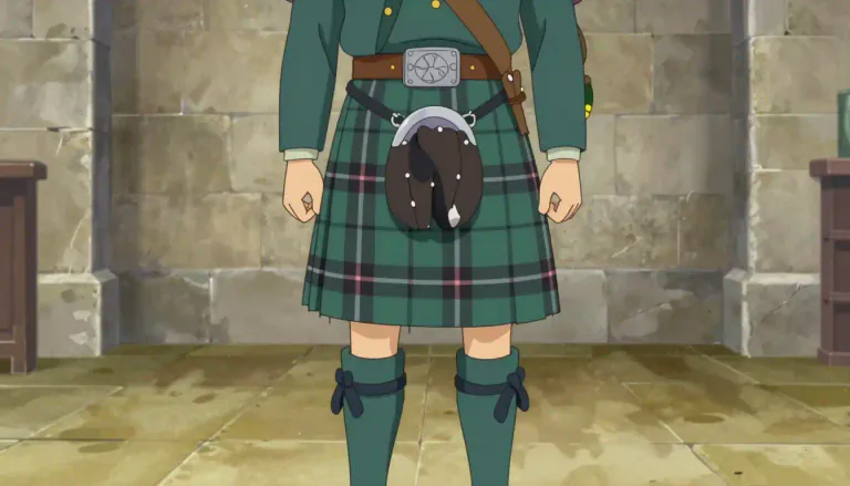 Visual representation of "kilted" - Wearing or designed for a kilt, a type of skirt traditionally worn by men in Scotland