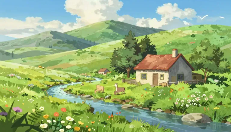 Visual representation of "idyllic" - Super peaceful and happy, like the perfect countryside scenery