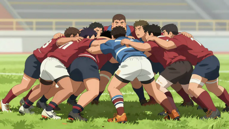 Visual representation of "scrum" - A group of people tightly gathered, especially in sports like rugby