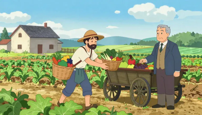 Visual representation of "sharecropper" - A farmer who cultivates land owned by someone else and gives a part of their crops as rent.