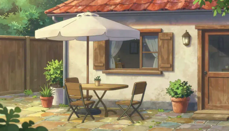 Visual representation of "patio" - An outdoor space usually next to a house used for dining or relaxing.
