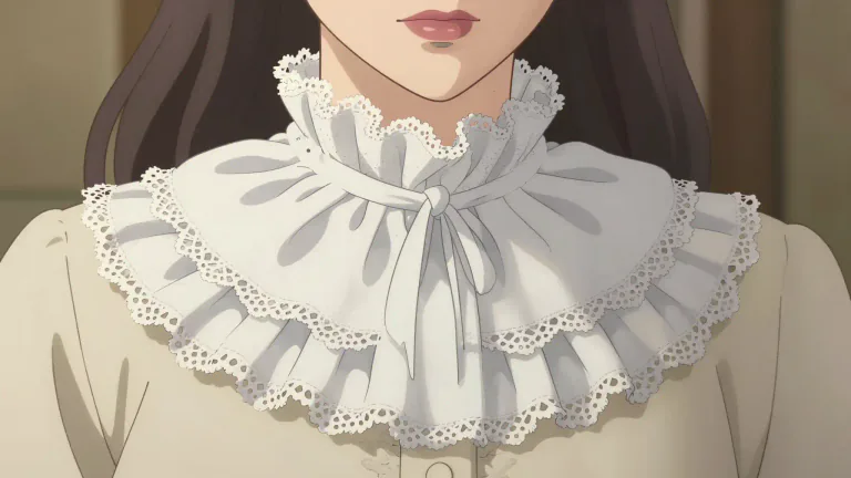 Visual representation of "jabot" - A decorative piece of lace or other fabric worn around the neck and down the front of a woman's blouse or dress.