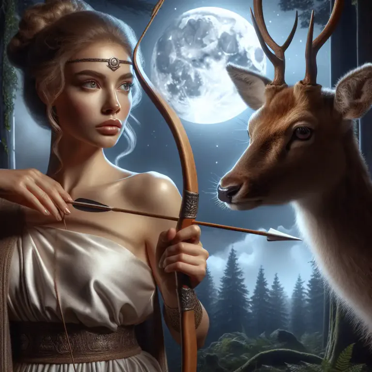 Visual representation of "huntress" - In ancient mythology, a female who is known for hunting, especially goddesses