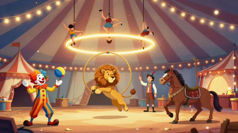Visual representation of "circus" - A show performed by acrobats, clowns, and trained animals