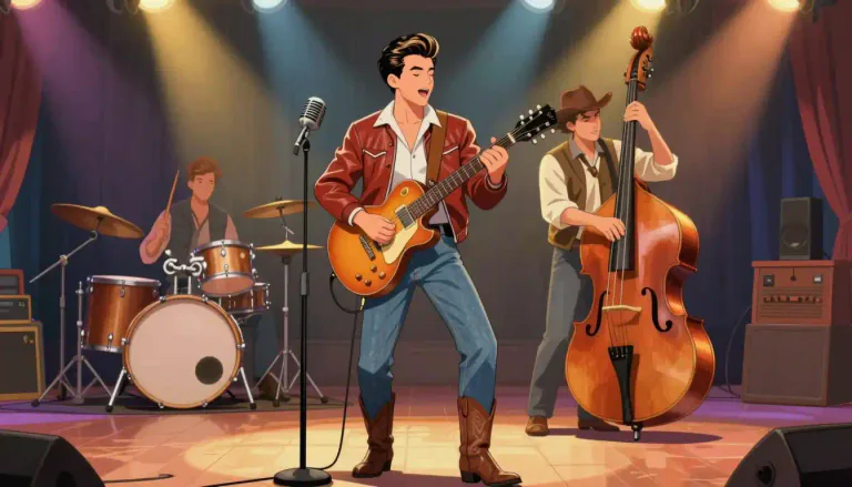 Visual representation of "rockabilly" - A type of popular music, combining rock and country styles, that originated in the 1950s.