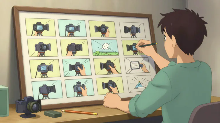 Visual representation of "storyboard" - A tool that allows a filmmaker or animator to visualize the sequences and scenes in a story before filming, using drawings or images.