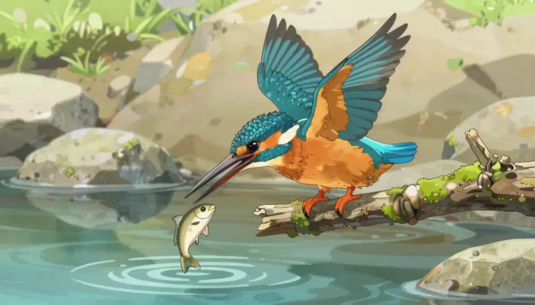 Visual representation of "kingfisher" - A type of bird with bright colors and a long beak that catches fish