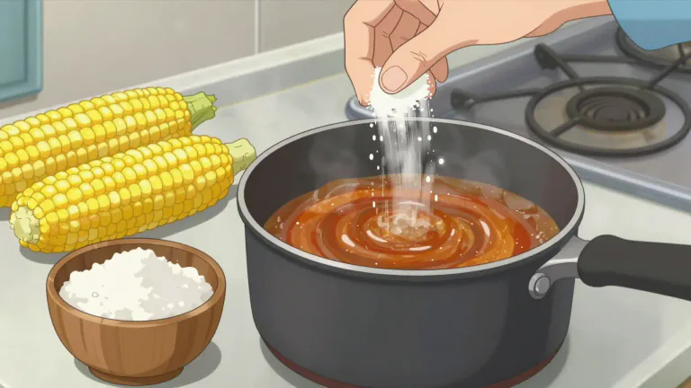 Visual representation of "cornstarch" - a white powdery substance made from corn (maize). It's used in cooking to make sauces thicker.