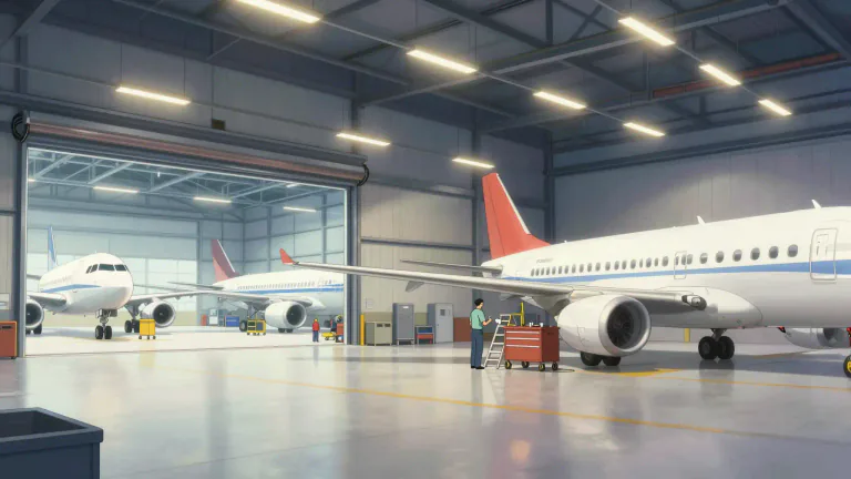 Visual representation of "hanger" - A place where planes are kept and repaired.