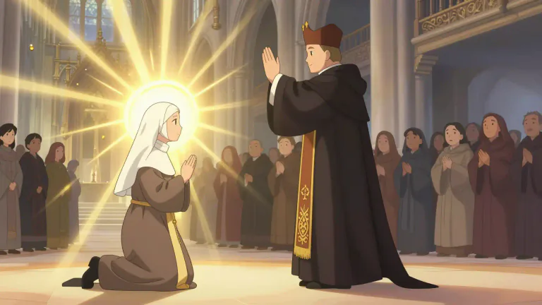 Visual representation of "beatification" - The act of making someone blessed in the Christian Church, a step before sainthood.