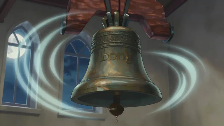 Visual representation of "bong" - The sound made by a bell, especially a large one.