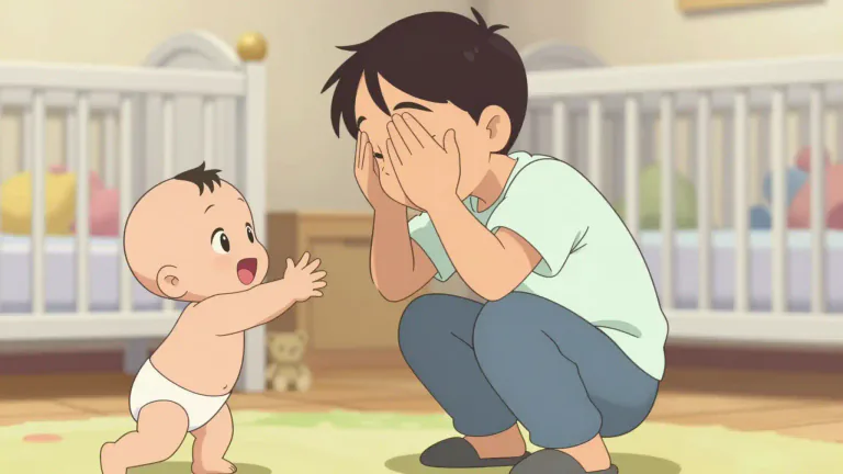 Visual representation of "peekaboo" - A game where one person hides their face, often with hands, and then unexpectedly shows their face, saying 'peekaboo'. Mostly played with babies.