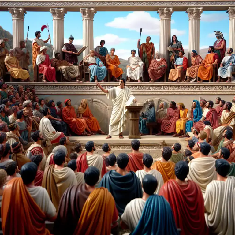 Visual representation of "tribunal" - In ancient Rome, it was a raised platform for the seat of magistrates or a stage for public speeches