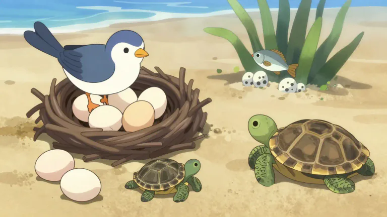 Visual representation of "oviparous" - Refers to animals that lay eggs, with little or no other embryonic development within the mother.
