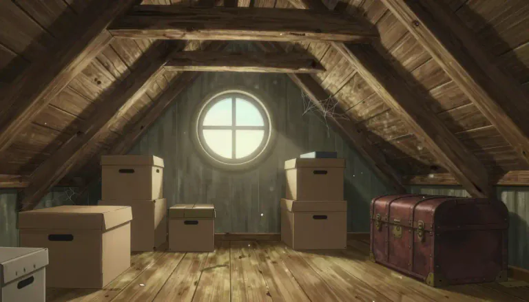 Visual representation of "attic" - The space or room at the top of a building, under the roof, often used for storing things.