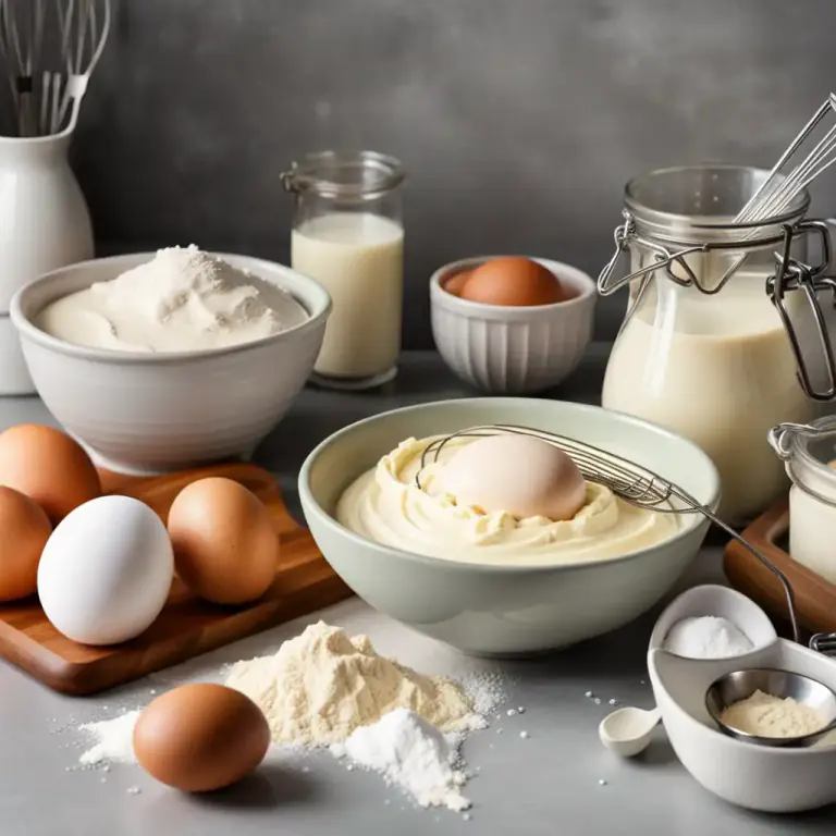 Visual representation of "batter" - a mixture of flour, eggs, and milk or water that is used in cooking, especially for making pancakes or for coating food before frying it