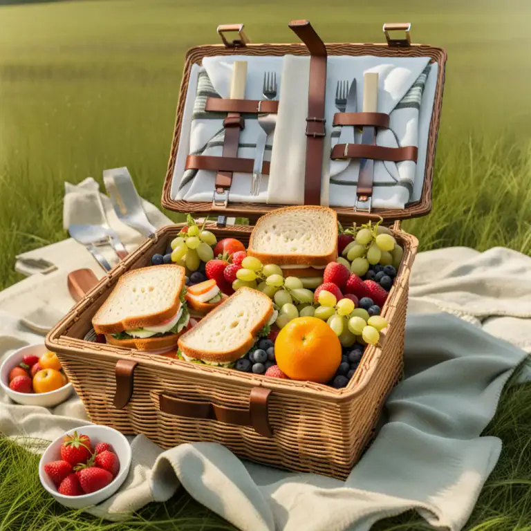 Visual representation of "hamper" - A basket with a lid, used usually for carrying food, often in a picnic