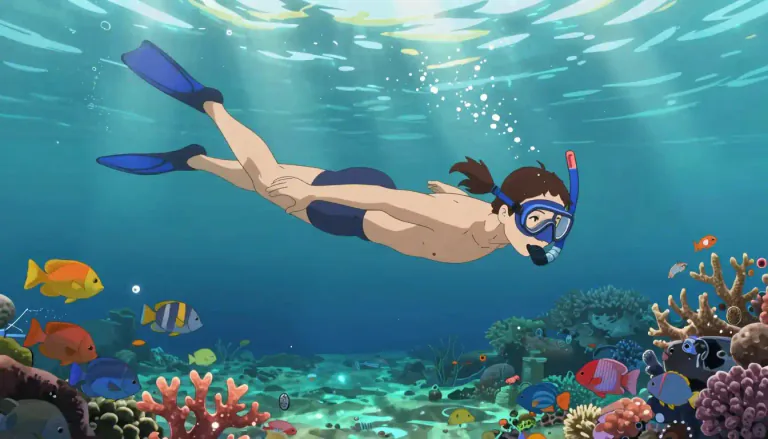Visual representation of "snorkelling" - The activity of swimming with a snorkel and typically a mask and fins, allowing observation of underwater life for extended periods.