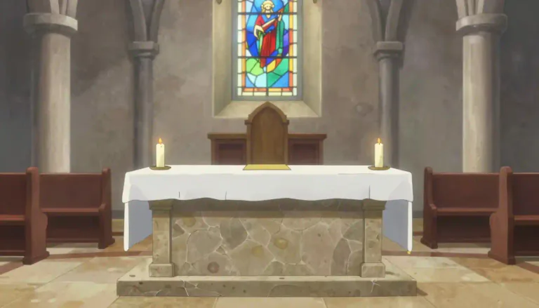 Visual representation of "altar" - A table or flat-topped block used for religious rituals and offerings in a temple or church.