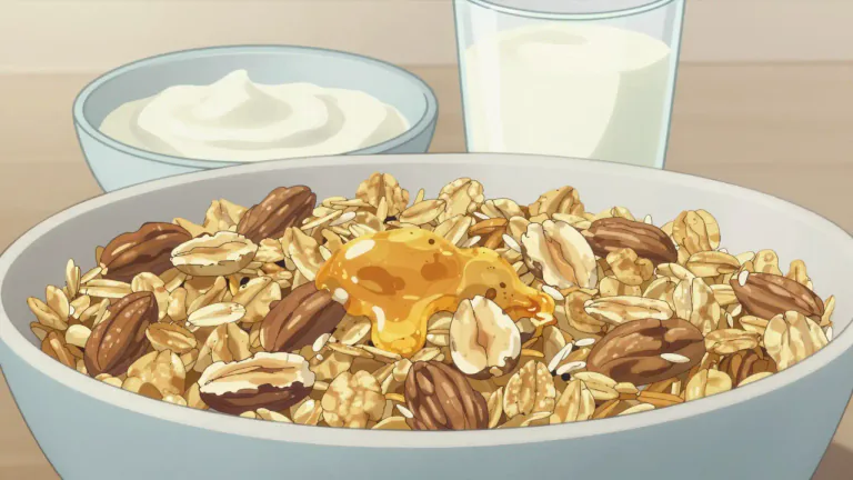 Visual representation of "granola" - A breakfast food that mixes toghether oats, nuts and often a sweetener like honey or sugar. It's often used with yogurt or milk.