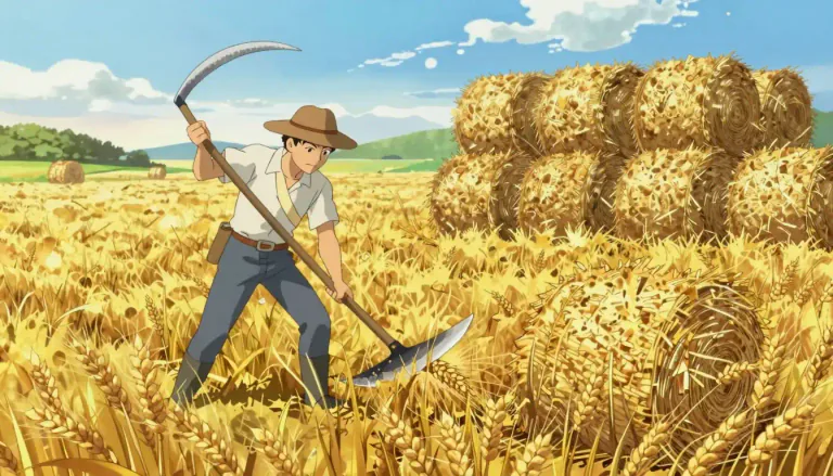 Visual representation of "reap" - To cut and collect a crop like wheat.
