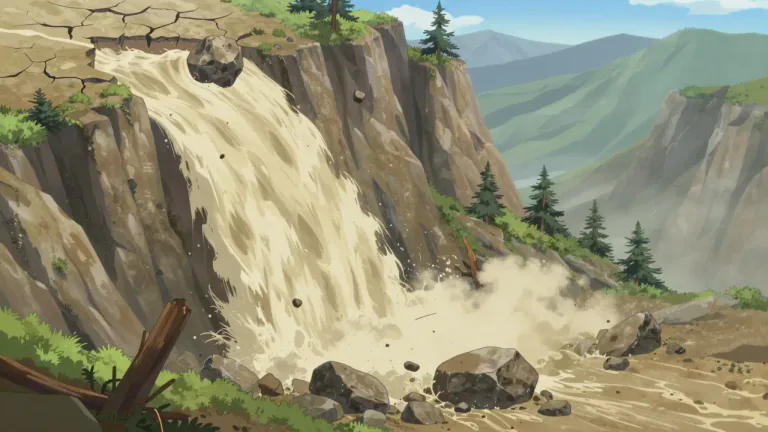 Visual representation of "landslide" - The sliding down of a mass of earth or rock from a mountain or cliff.