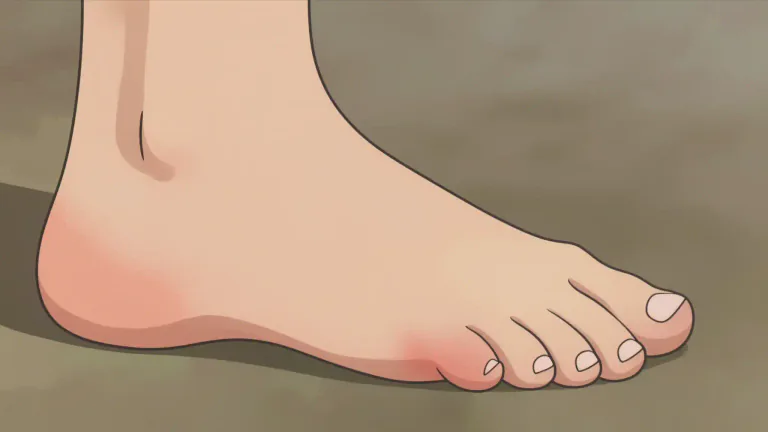 Visual representation of "bunion" - A painful, swollen lump on the foot, caused by the big toe pressing onto the other toes.