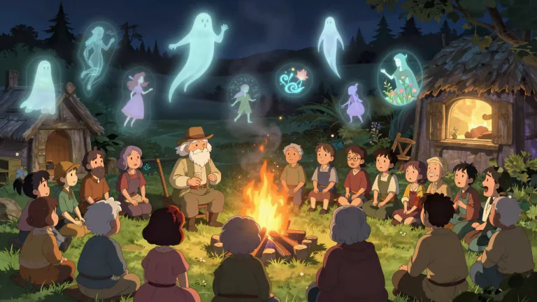 Visual representation of "folklore" - Traditional beliefs, myths, tales, and practices of a people, passed down orally through generations