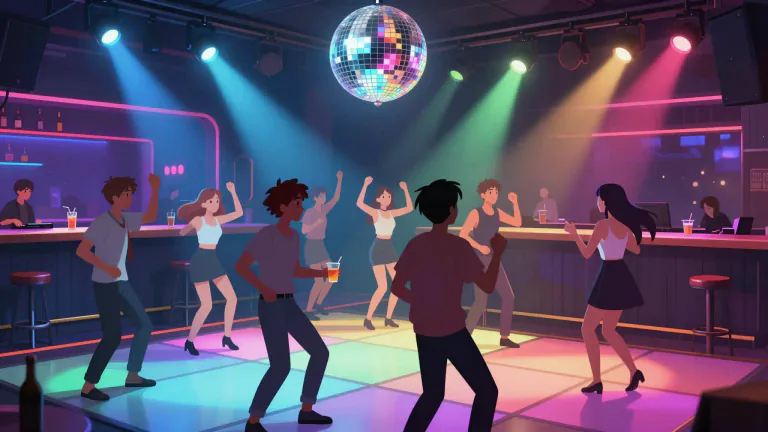 Visual representation of "nightclub" - A place where people go to dance, drink and have fun, typically at night.